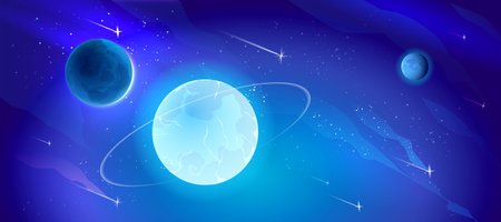 Blue outer space background with stars and nebula, neon glowing planets with orbit and falling asteroids. Cartoon vector illustration of cosmos bg with celestial bodies. Fantasy astronomy backdrop.のイラスト素材