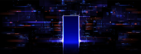 Open door on blue glitch background. Vector realistic illustration of neon lines on black backdrop...