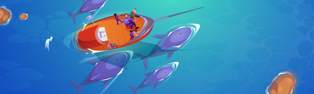 Top view on sinking fishing boat surrounded by huge whales under water. Cartoon vector illustration...