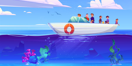 People on board of yacht. Vector cartoon illustration of happy children and fathers enjoying sea voyage on summer day, underwater bottom view with seaweeds, stones and bubbles, birds flying in skyのイラスト素材