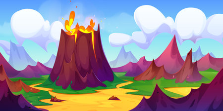 Summer landscape with volcano erupt and explode with lava. Cartoon vector illustration of Jurassic period scene with volcanic eruption and earthquake. Rock mountain with magma on tropical scenery.のイラスト素材