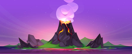Sunset or sunrise landscape with volcano erupt on island in sea or ocean. Cartoon vector Jurassic period landscape with volcanic rock mountain eruption, orange magma and smoke cloud exploding.のイラスト素材