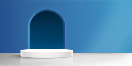 White cylinder product podium on floor of studio room with arch window in blue wall. Realistic 3d vector illustration of goods display mockup with arc hole. Template of empty minimalistic platform.のイラスト素材