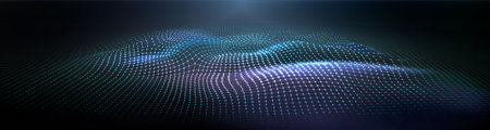 Abstract neon glow blue and purple wireframe 3d wave or mountain map for new retro wave background. Realistic vector futuristic cyber bg with grid topography landscape and wavy geometric surface.のイラスト素材