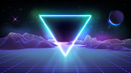 Futuristic cyber background with abstract neon glow blue and purple 3d wireframe mountain map with planets in space and bright light triangle. New retro wave, techno and synthwave cosmic bg.のイラスト素材