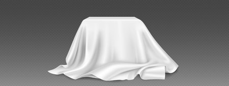Product podium covered with white cloth on transparent background. Realistic vector illustration of sheltered with silk fabric box for goods display. Hidden with textile curtain box platform.のイラスト素材