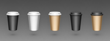 Paper coffee to go cup with plastic cap and shadow on transparent background. Realistic 3d vector illustration set of white, black and brown takeaway mug mockup for hot drink. Disposable container.のイラスト素材