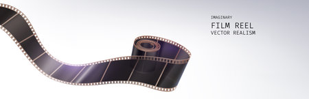 Movie banner with film strip roll on white background with space for text. Realistic 3d vector cinema or photography negative 35mm reel tape. Cinematography and photograph bg with curve filmstrip.のイラスト素材