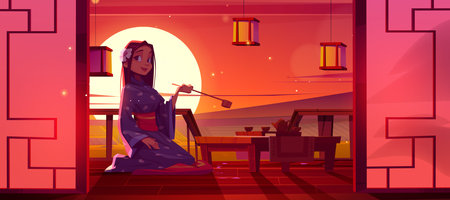 Asian girl making traditional tea ceremony. Vector cartoon illustration of pretty young woman in oriental kimono sitting on cushion, wooden table with pots and kettle, wooden patio with sunset viewのイラスト素材