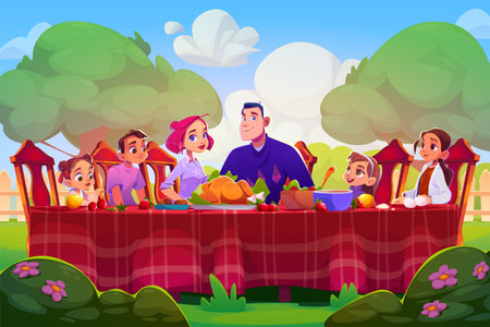 Family dinner in summer garden. Vector cartoon illustration of happy parents and children sitting at table in backyard with green trees and flowers, healthy food on plates, enjoying time togetherのイラスト素材