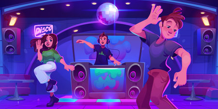 People at night club party. Cartoon vector illustration of young man and woman dancing on dancefloor, male dj character playing on stage behind deejay stand, tables and glittering ball on ceiling.のイラスト素材