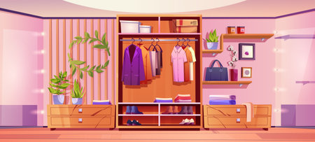 Closet room interior with organized male clothes hanging in cabinet, shoes and bag on shelf and racks, decorative elements and large mirror with light bulbs. Cartoon vector home or store wardrobe.のイラスト素材