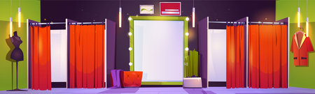 Clothes store fitting room interior with wardrobe cabins closed with red curtains, full length mirror with light bulbs, puff seat and decorative plant in pot, hanging clothing on hanger and mannequin.のイラスト素材