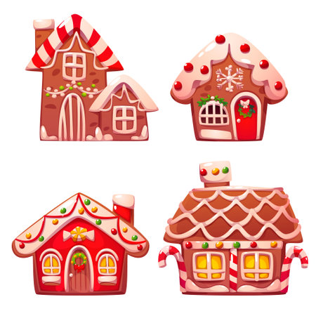 Gingerbread cookie house. Christmas ginger bread and candy with icing. Cute sweet xmas cottage object with window and decoration set. Confectionery biscuit dessert town design cartoon collectionのイラスト素材