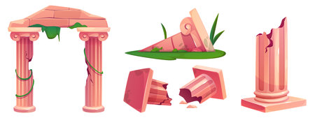Ancient greek ruin set. Broken roman column and arch vector. Damage antique architecture design with ivy plant. Athens antiquity object. Crack historic temple. Colonnade destruction for medieval gameのイラスト素材
