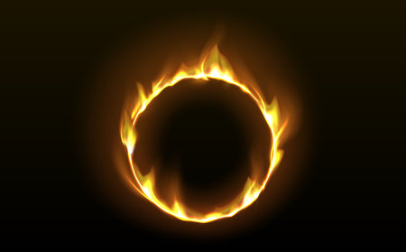 Fire ring with glowing tongues of flame on black background. Realistic 3d vector illustration of round burnt frame with light and sparks effect. Magic bright yellow hot fiery border with blaze.のイラスト素材