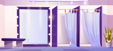 Fitting room in shop. Changing dress with mirror and curtain. Fashion boutique cabin interior for dressing. Open customer environment for clothing. Luxury department with bench and flower in pot.のイラスト素材