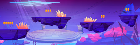 Arcade game ui level design with jump and run floating platform with golden coins to collect underwater. Cartoon sea or ocean bottom with sunken ancient city ruins with old temple platform and columnsのイラスト素材