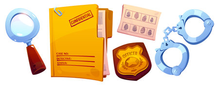 Detective or spy character equipment. Cartoon vector set of investigator tools - magnifying glass, handcuffs and police officer badge, folder with confidential paper information and fingerprints.のイラスト素材