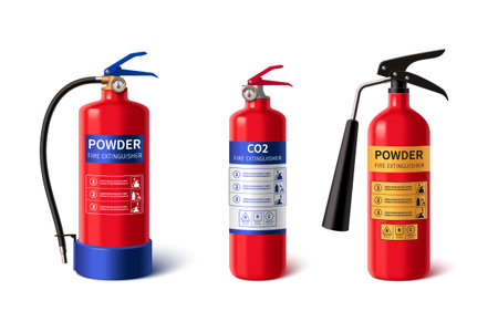 Realistic red fire extinguisher with sprayer and labels for instructions about providing emergency assistance in extinguishing flame. 3d vector set of different firefighter portable equipment mockup.のイラスト素材