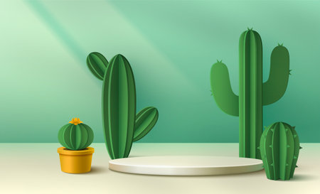 3d summer cactus podium for product display vector. Cute cosmetic stage for banner. Tropical creative studio room interior with nature composition. Cacti plant for vacation pedestal illustrationのイラスト素材