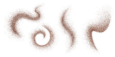 Ground coffee bean or chocolate powder in different wavy and swirl shapes. Realistic 3d vector illustration set of cocoa particle splash texture forms. grind caffeine granule or cinnamon stain.のイラスト素材