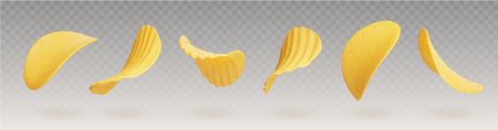 Flying potato chip 3d realistic set isolated on transparent background. Vector illustration of crisp snack floating in air. Crunchy junk food meal. Fried or baked wavy slices of vegetable root.のイラスト素材