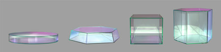 3d glass cylinder podium. Crystal platform box for product display. Hexagon realistic pedestal with light reflection and minimal design. Plexiglass showcase with prism effect for beauty sceneのイラスト素材