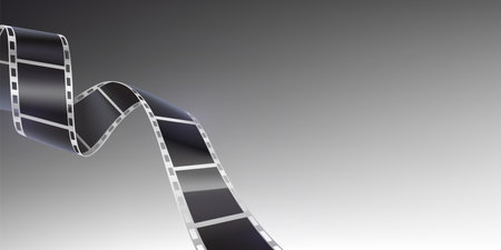 Movie banner with film strip roll on white background with space for text. Realistic 3d vector cinema or photography negative 35mm reel tape. Cinematography and photograph bg with curve filmstrip.のイラスト素材