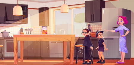 Mother showing sweets to children in kitchen. Vector cartoon illustration of teen girl and boy in black spy suits playing at home, woman smiling at teen siblings, glass jar with gummy sweets on tableのイラスト素材