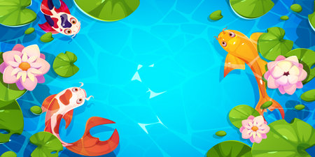 Top view on koi fish with lotus leaves and flowers swimming in blue water of Japanese or Chinese pond with empty space for text. Cartoon vector border and frame with oriental underwater animals.のイラスト素材