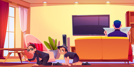 Kid detective in living room. Child crawl and spy at home. Brother and sister in sunglasses character search in security suit investigate and play game. Man sitting on couch concept illustration.のイラスト素材