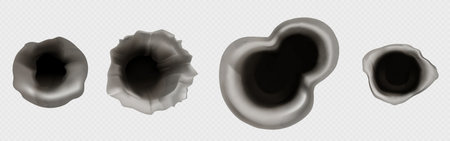 Bullet holes set isolated on transparent background. Vector realistic illustration of gun shot marks on surface, black holes of different size with damaged steel edges, crime scene, war aggressionのイラスト素材