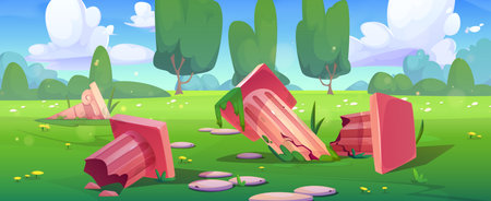 Greek column ruins. Broken ancient pillar vector landscape. Grass meadow and stone path design. Destroyed athens temple sculpture. Historic monument destruction on greece nature park panoramaのイラスト素材