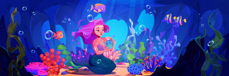 Cute fairy mermaid sit on sea or ocean bottom with bubble in hand. Cartoon vector illustration of underwater landscape with bright tropical corals and seaweeds, fishes and girl with tail and long hairのイラスト素材