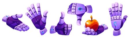 Android robot hand in different gestures and positions - waving and stretching for give help, thumb up and down, holding red apple. Cartoon vector set of artificial intelligence humanoid bot arm.のイラスト素材