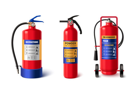 3d realistic fire extinguisher isolated vector icon. Water, powder and foam extinguish security type classifications set. Chemical fighter equipment. Emergency container tool for rescue with buttonのイラスト素材