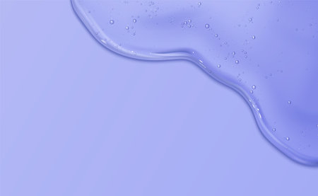 Purple pastel background with gel texture in corner for face and body care product presentation. Realistic 3d vector illustration of beauty moisture serum water or liquid cosmetic cream border.のイラスト素材