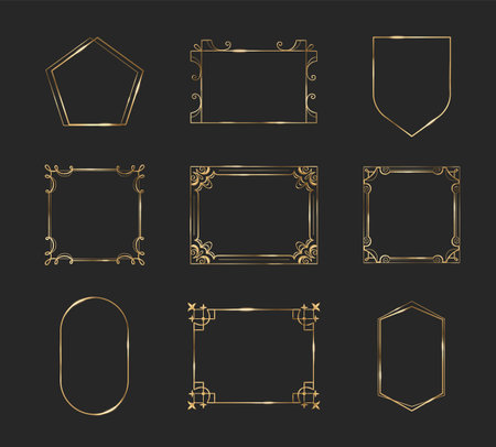 Gold ui game button frame. Medieval border design for rpg. Golden fantasy element for interface gui. Fancy ornament label decoration for user graphic. Royal art deco boarder shape isolated vector setのイラスト素材