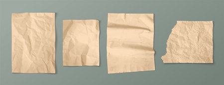 Torn brown craft paper with wrinkles. Crumpled vintage sheet for scrapbook and collage design. Realistic 3d vector illustration set of wrinkled blank memo note mockup. Ripped cardboard strips.のイラスト素材