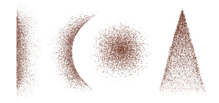 Ground coffee bean or chocolate powder in different shapes and borders. Realistic 3d vector illustration set of cocoa particle splash texture line and circle forms. Milled caffeine granule crumbs.のイラスト素材