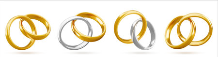 White and yellow gold wedding couple jewelry rings. Realistic 3d vector illustration set of two golden and silver marriage jewel elements united together. Pair of bride and groom engagement bands.のイラスト素材