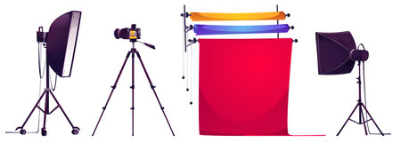 Professional studio photoshoot equipment - paper colorful backgrounds, lighting lamp with softbox on tripod stand, photo camera. Cartoon vector illustration set of photographer backstage work tools.のイラスト素材