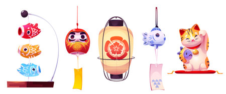 Japanese new year traditional elements - cartoon vector set of decoration pendant daruma doll and fish with ornament hanging charm, paper lantern and koinobori, lucky maneko neko cat with waving paw.のイラスト素材