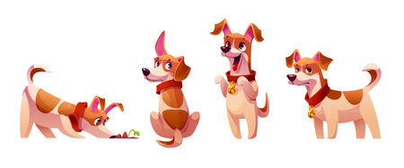 Cute funny little dog behavior. Cartoon brown puppy smelling grass in soil pile, sitting with his back turned and raised ear, joyful stands on hind legs with tongue sticking out, standing tired or sadのイラスト素材