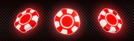 Neon poker chips set isolated on transparent background. Vector realistic illustration of red and white 3D tokens for playing casino games, online betting platform, gambling website design elementsのイラスト素材