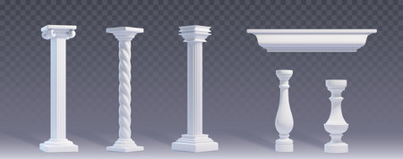 White marble pillars set isolated on transparent background. Vector realistic illustration of antique building balustrade or facade elements, ancient roman or greek temple or luxury palace decorationのイラスト素材