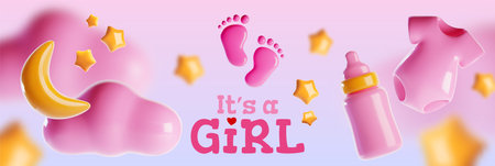 Baby girl birthday banner. Vector realistic illustration of pink 3D clouds, infant clothes, tiny feet, bottle, yellow stars and moon on pastel purple background, gender party announcement layoutのイラスト素材
