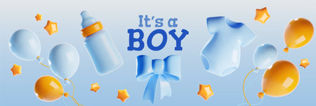 Baby boy birthday banner. Vector realistic illustration of blue 3D balloons, infant clothes, ribbon bow, bottle, yellow stars on light pastel purple background, gender party announcement layoutのイラスト素材