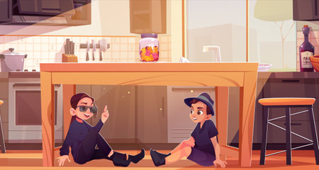 Happy smiling teen children dressed as spy in black clothes, hat and glasses hide under wooden dining table in home kitchen room. Cartoon vector teenage girl have idea and show index finger up gestureのイラスト素材